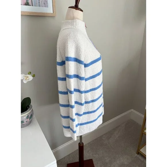 Talbots Size 2X White & Blue Striped 1/4 Zip Mock T Pullover Sweater - Picture 3 of 12